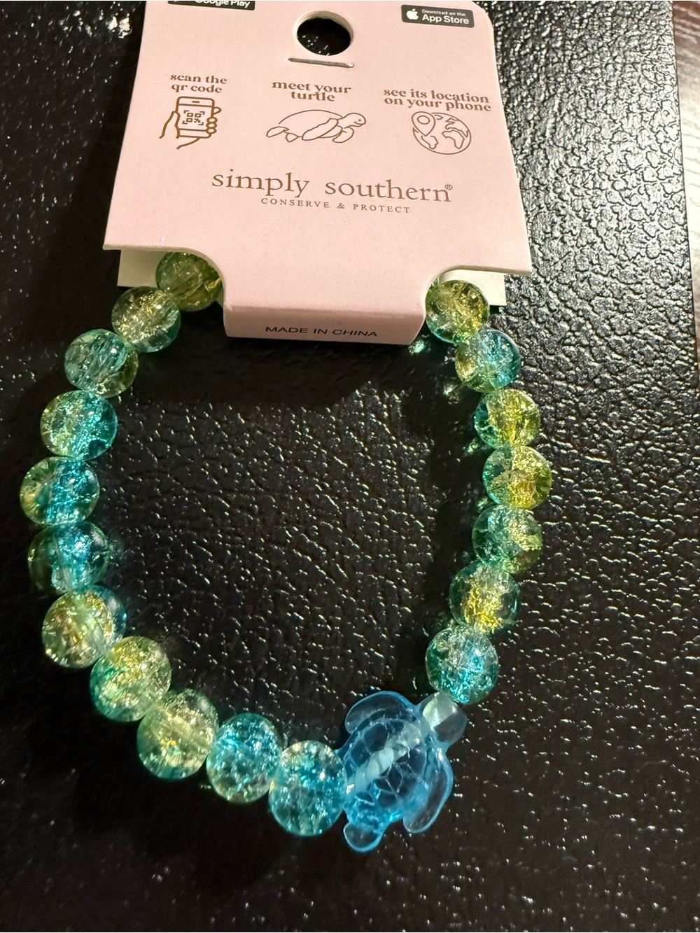 Simply Southern Turquoise and Yellow Crackle Bead Bracelet with Turtle Charm